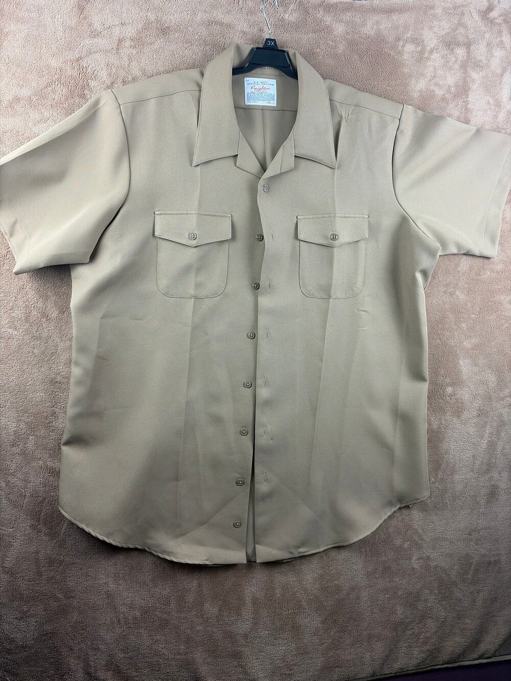 Vtg 70s Creighton Military Khaki Shirt Mens XXL Short Sleeve US Navy Uniform Tan